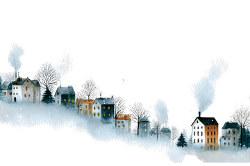 A small village in the snow, simple watercolor illustration, white  isolated on a transparent background in PNG format.
