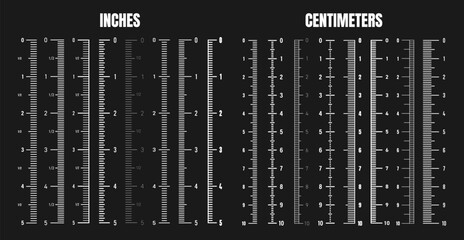Vertical centimeter and inch scale for measuring length or height. Various measurement scales with divisions. Ruler, tape measure marks, size indicators. Vector illustration