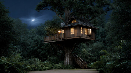 Enchanting Multilevel Wooden Treehouse Getaway: A Forest Canopy Adventure in Lush Greenery Perfect for Nature Lovers and Imaginative Play
