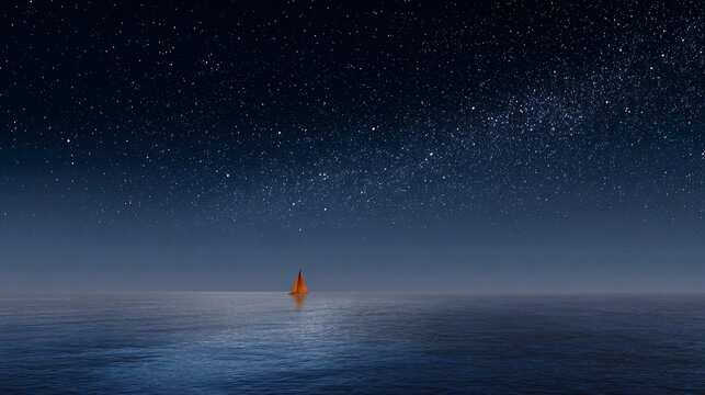 Orange Ship Sailing Adventure: Dark Starry Sea Voyage Under a Mysterious Sky Night Fantasy Art Print Unique Wall Decor for Dreamers
