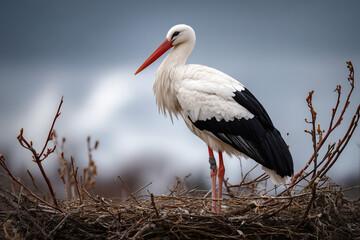 Fototapeta premium Stork standing in nest with twigs stuck to feet