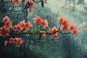Beautiful azalea flowers blooming on a branch during a rainy day in forest