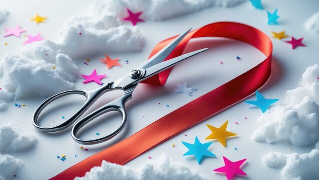 A pair of scissors cutting a red ribbon surrounded by colorful stars and clouds, celebrating a festive or special occasion.
