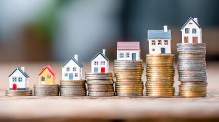 Toy Houses on Increasing Stacks of Coins Representing Real Estate Investment and Property Value Growth or Price Appreciation