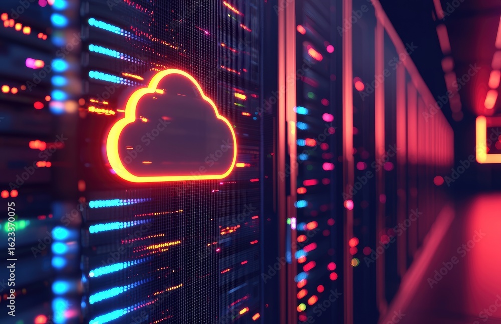 Poster orange neon cloud icon glowing on high-tech server in modern corridor, symbolizing futuristic cloud 