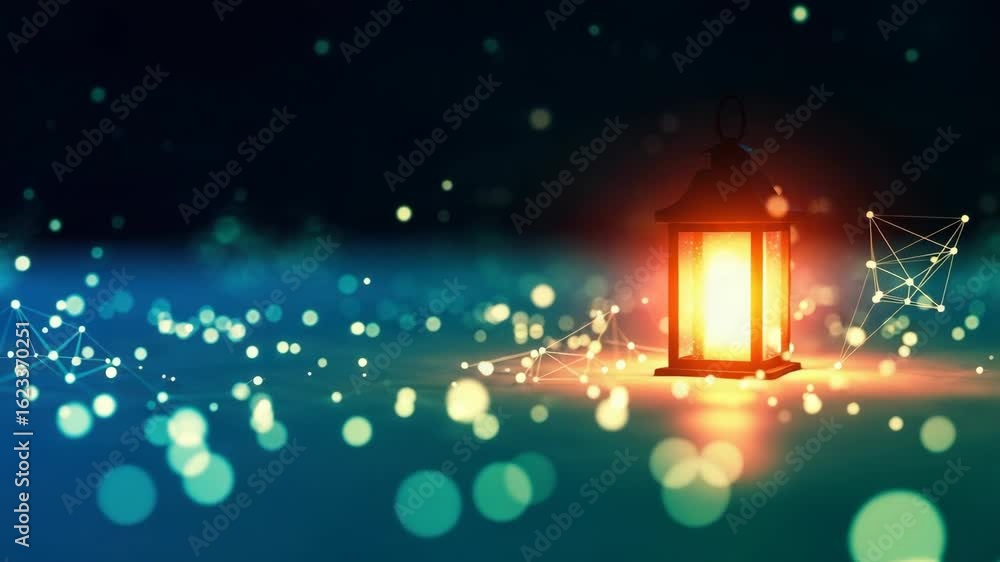 Poster a glowing lantern illuminates a serene dark background filled with soft bokeh lights and geometric s