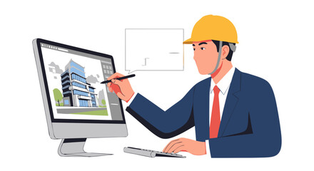 Architectural Design Process: An Engineer Creates Building Blueprints on Computer Software with a Protective Helmet Demonstrating Precision