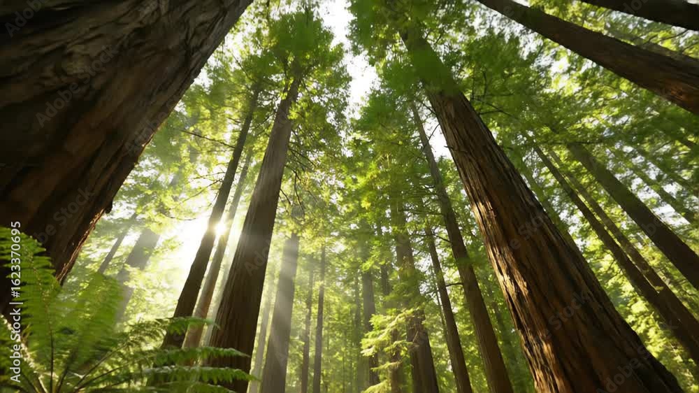 Poster Lush forest canopy featuring towering trees and bright sunbeams filtering through green foliage creating a tranquil natural scene. Shot from below highlighting depth.
