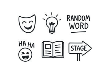 Fototapeta premium hand drawn cute doodle style line isolated on white background improvisational theater (symbols): comedy mask lightbulb random word laughter icon open script stage arrow