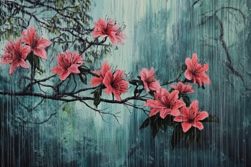 Beautiful pink azalea flowers on branch in the rain painting style