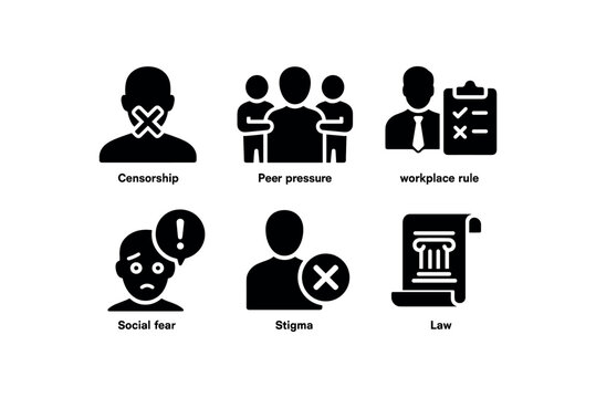 flat black solid icon items isolated on white background self expression limits (scenarios): censorship peer pressure workplace rule social fear stigma legal code