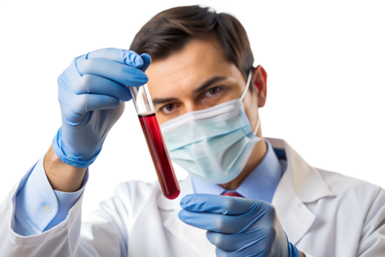 Scientist in lab coat and mask holding a test tube with blood sample isolated on transparent background