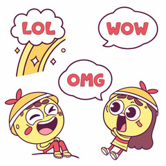 Cartoon characters with speech bubbles isolated on white background