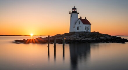 Fototapeta premium Idyllic lighthouse stands on rocky island at sunrise with calm water reflection