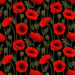 Seamless pattern of red poppy flowers and green leaves on black background botanical floral design with blooming petals buds and foliage perfect for fabric wallpaper or packaging decoration