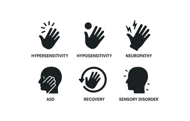 Fototapeta premium flat black solid icon items isolated on white background tactile sensitivity (conditions): hypersensitivity hyposensitivity neuropathy ASD recovery sensory disorder