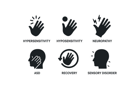 flat black solid icon items isolated on white background tactile sensitivity (conditions): hypersensitivity hyposensitivity neuropathy ASD recovery sensory disorder