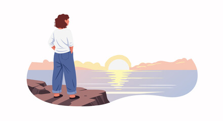 Tranquil Silhouette Contemplating the Coastal Horizon at Dusk with Serene Seascape, a moment of peace and reflection as she observes the natural