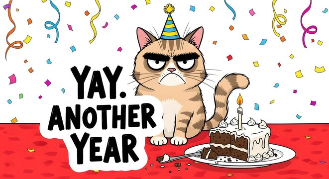 Grumpy cat hilariously dreads another birthday with cake and confetti, perfect for humorous greeting cards and social media posts. - Powered by Adobe