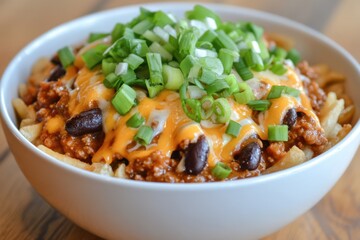 Bowl of chili cheese fries with black beans and green onions on table