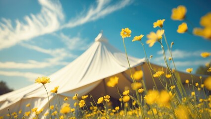 Colorful flowers in the foreground with a large white tent set against a blue sky with clouds