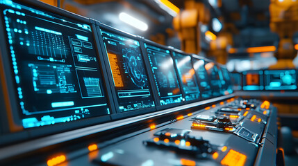 Naklejka premium Futuristic industrial control room with digital panels for technology and innovation concepts