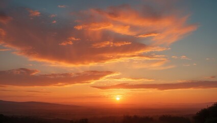 Sunset sky with vibrant orange clouds over the horizon, creating a peaceful and scenic landscape at dusk.