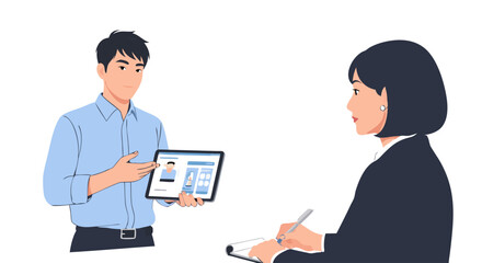 Presentation with Digital Interface: A Man Presenting a Tablet to a Businesswoman, Focused on Visual Aids and Note Taking in a Meeting Setting