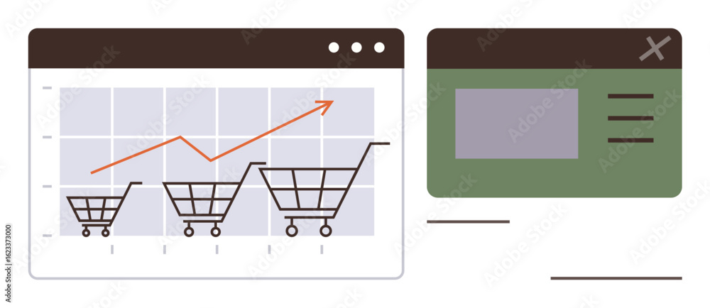 Poster shopping carts on a grid with an upward trend line indicating growth alongside a webpage interface. 