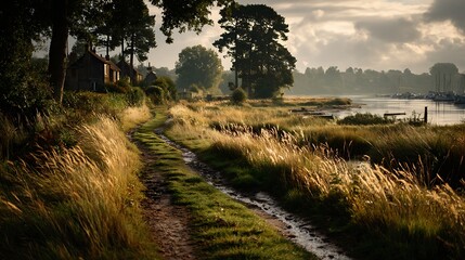 Scenic dirt path along riverbank in golden hour with charming rural landscape.