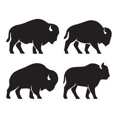 A set of American bison silhouette, black vector icon style, simple shape