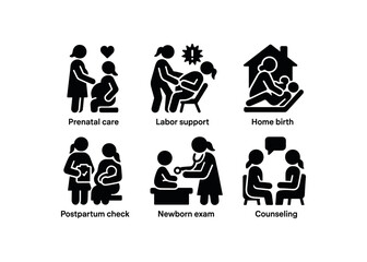 Fototapeta premium flat black solid icon items isolated on white background midwife (activities): prenatal care labor support home birth postpartum check newborn exam counseling