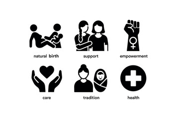 flat black solid icon items isolated on white background midwife (concepts): natural birth support empowerment care tradition health