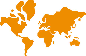 Orange silhouette world map featuring all continents in a flat, minimalist design. Ideal for educational, infographic, or travel-themed creative and editorial use.