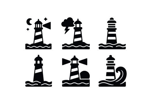 flat black solid icon items isolated on white background lighthouse (scenes): night signal view morning mist lightkeeper window sunset beam ocean spray