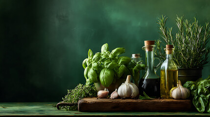 Fresh basil rosemary garlic olive oil balsamic vinegar thyme cooking ingredients image