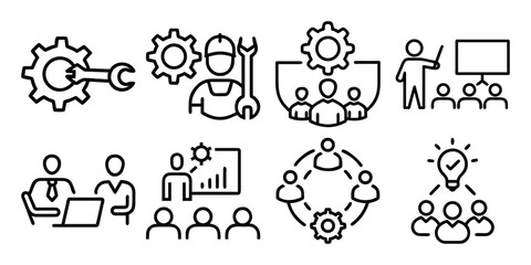 Vector art of collection of business and engineering icons representing teamwork, planning, and problemsolving, isolated on white background
