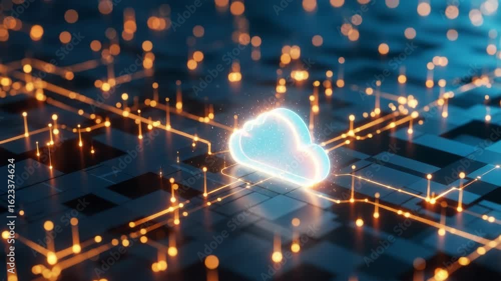 Poster a futuristic digital landscape featuring a glowing cloud symbol amidst a network of interconnected c