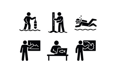 flat black solid icon items isolated on white background oceanographer (actions): sampling measuring diving charting analyzing mapping