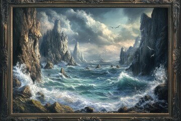 Dramatic seascape painting of a rocky coast with crashing waves and dark clouds