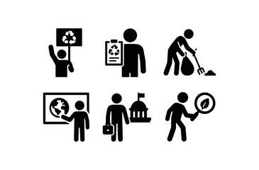 flat black solid icon items isolated on white background environmental activist (activities): rallying petitioning cleaning educating lobbying researching