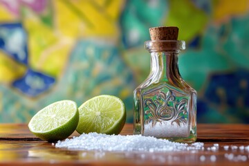 Tequila shot with lime and salt on a wooden table with colorful background