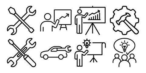 Vector art of compilation of icons representing business meetings, tools, and automotive concepts, isolated on white background