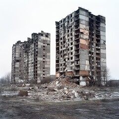 Abandoned and ruined apartment buildings with damaged facades and debris scattered around, depicting urban decay and neglect