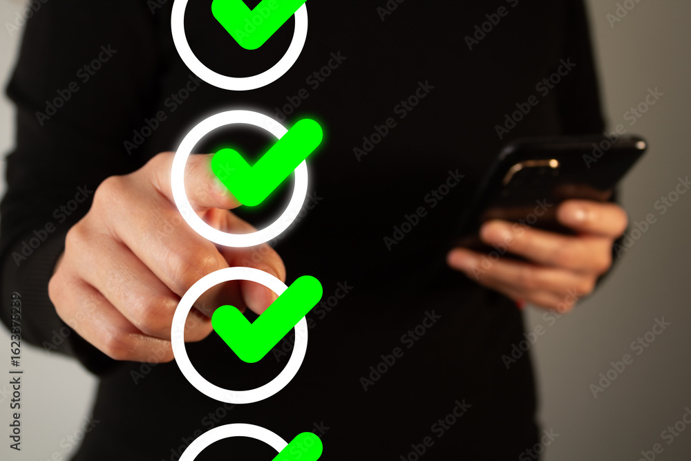 Aufkleber business person pointing at a virtual checkmark that stands out from others in a row