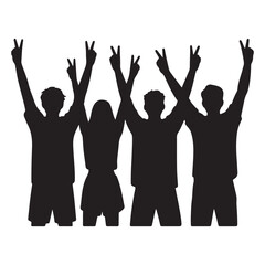 Silhouette of four people with raised arms and victory signs
