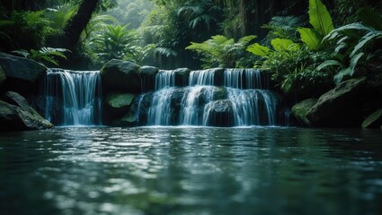 Naklejka na ściany i meble Serene waterfall cascading over rocks into a calm river surrounded by lush green tropical trees and plants.