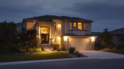 Fototapeta premium Warm-lit suburban house at dusk, contemporary design for home advertisements, decor ideas, and scenic digital art.