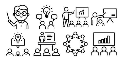 Fototapeta premium Vector art of collection of education and business icons depicting teaching, learning, and presentations, isolated on white background