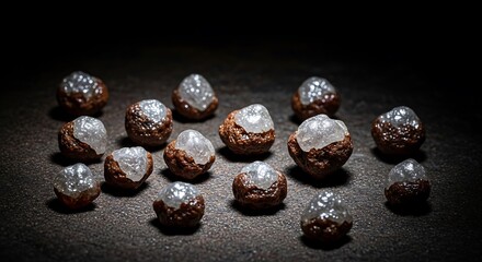 A stunning collection of raw, uncut diamonds embedded in their natural host rock. A concept of geological discovery and treasure.